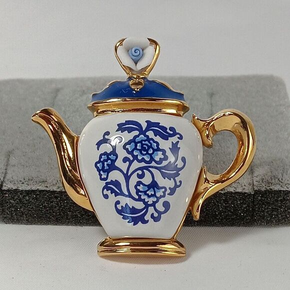 Avon Jewelry - Avon Tea Time Novelty Pin Brooch Blue and White Floral Deft Blue Gold Trim